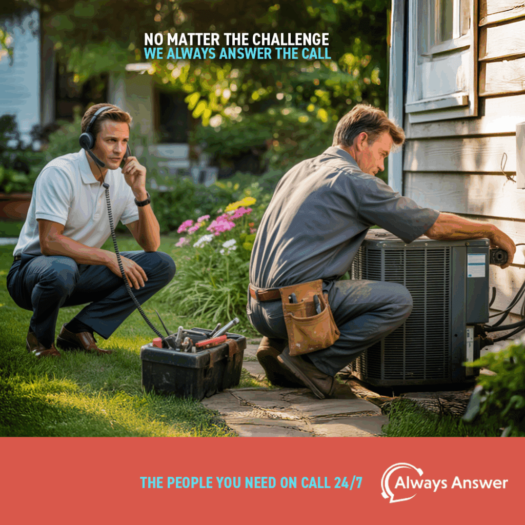 image of outdoor worker and call center person working together to fix an AC unit
